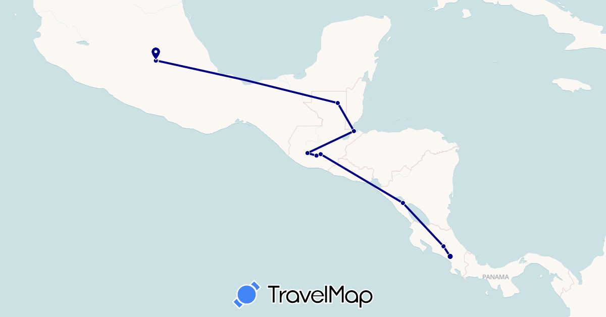 TravelMap itinerary: driving in Costa Rica, Guatemala, Mexico, Nicaragua (North America)